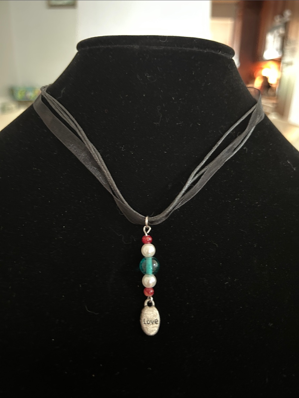 Layered Black Ribbon Necklace with Teal, Red and Pearl Beads and 'Love' Charm